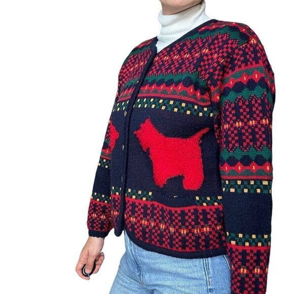Vintage Tally Ho Cardigan Sweater Blue Multi Red Scottie Dog Women Size Medium - Picture 3 of 7